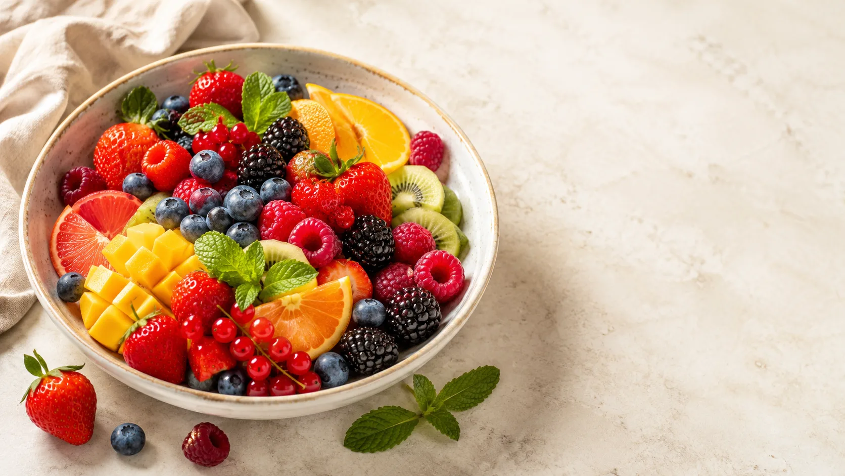 Editorial photograph of a fresh fruit arrangement in a shallow ceramic bowl