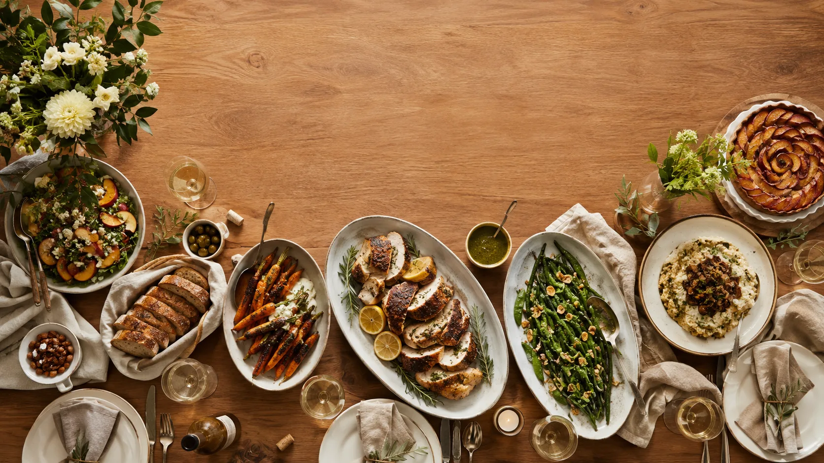 Editorial overhead photograph of a beautifully set dining table