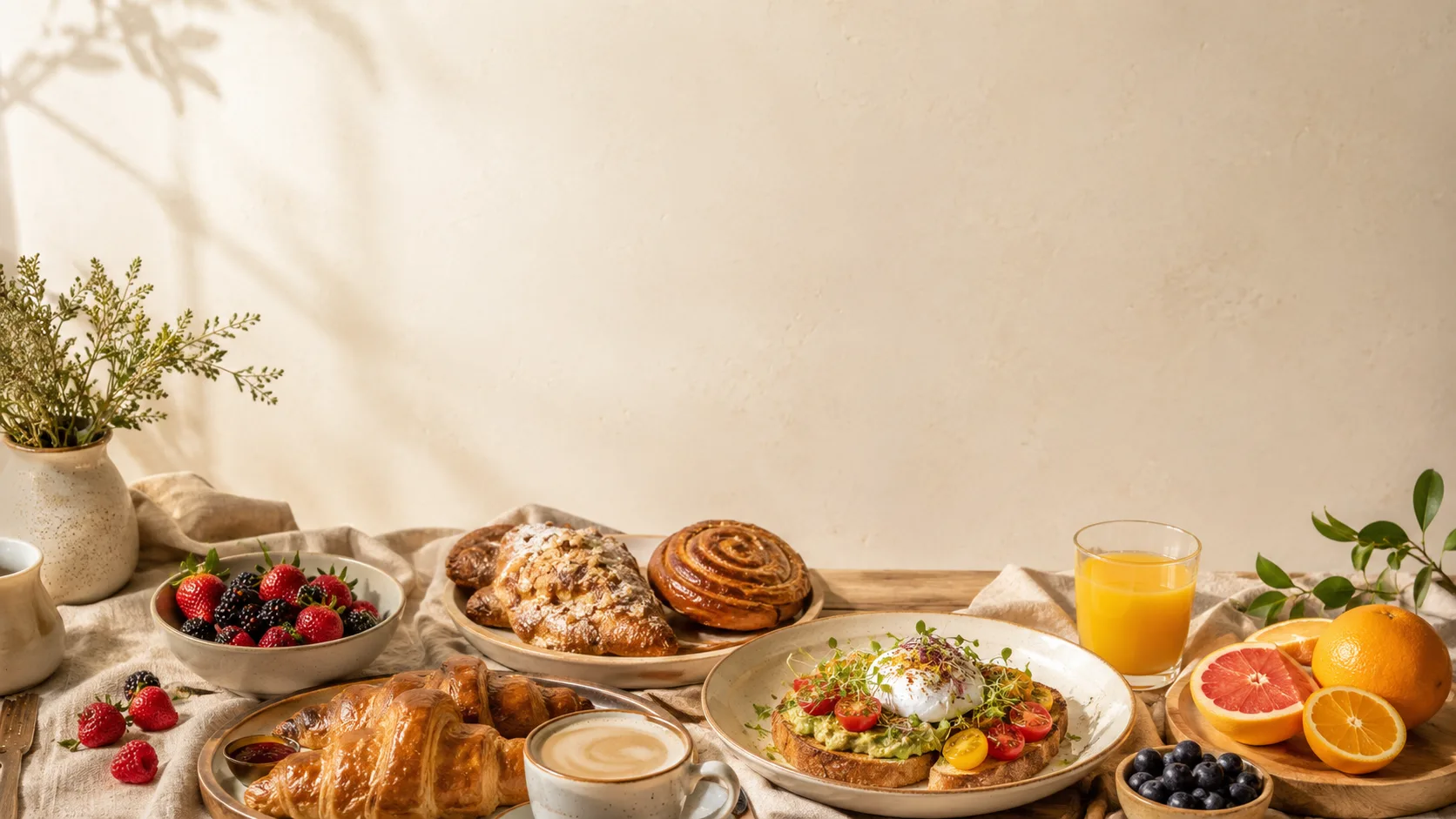 Editorial photograph of a relaxed brunch table spread with pastries and coffee