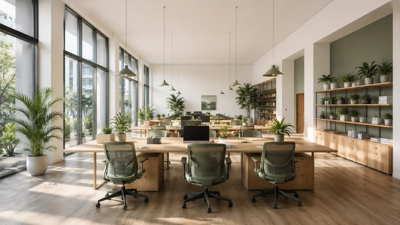 Editorial interior photograph of a bright open-plan office with shared desks and large windows