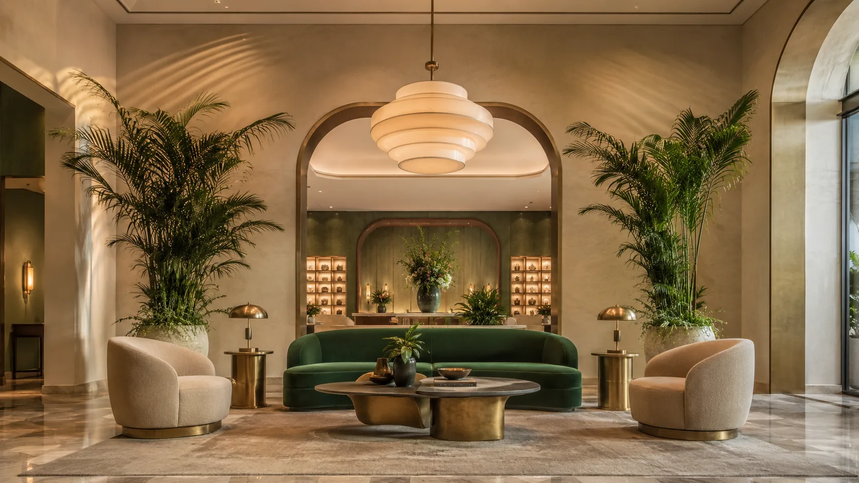 Editorial interior photograph of an elegant boutique hotel lobby with a velvet sofa and greenery