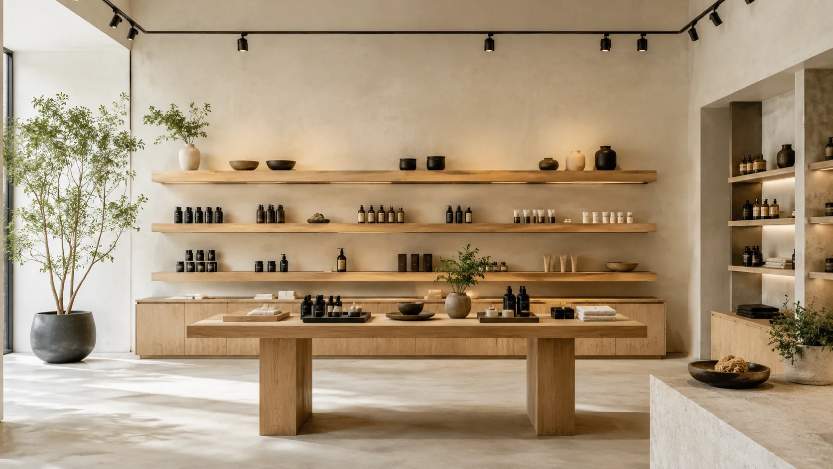 Editorial interior photograph of a minimalist boutique retail space with open shelving