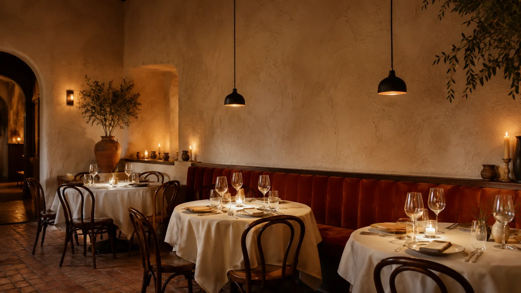 Editorial interior photograph of an intimate restaurant dining room with set tables and pendant lights
