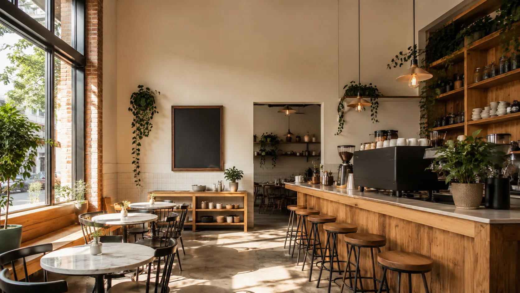 Editorial interior photograph of a cozy specialty coffee shop with a wooden counter and plants