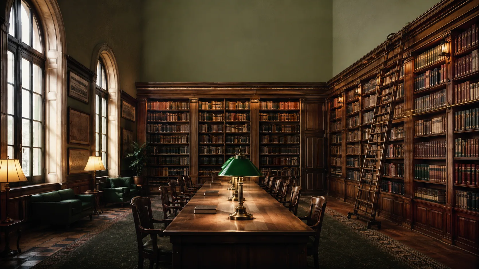 Editorial interior photograph of a quiet library reading room with tall bookshelves