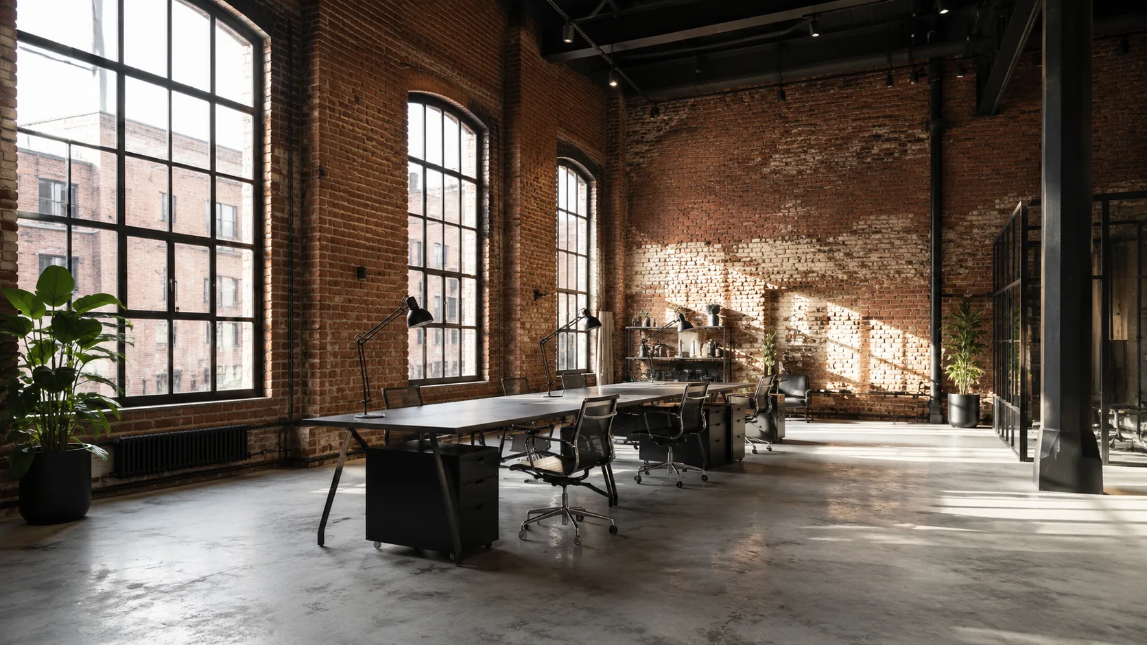 Editorial interior photograph of an industrial loft workspace with exposed brick and a long desk