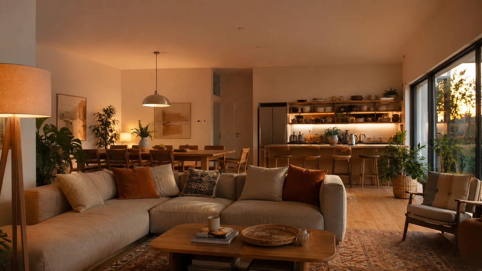 Editorial interior photograph of a warm co-living common room with a sofa and shared table