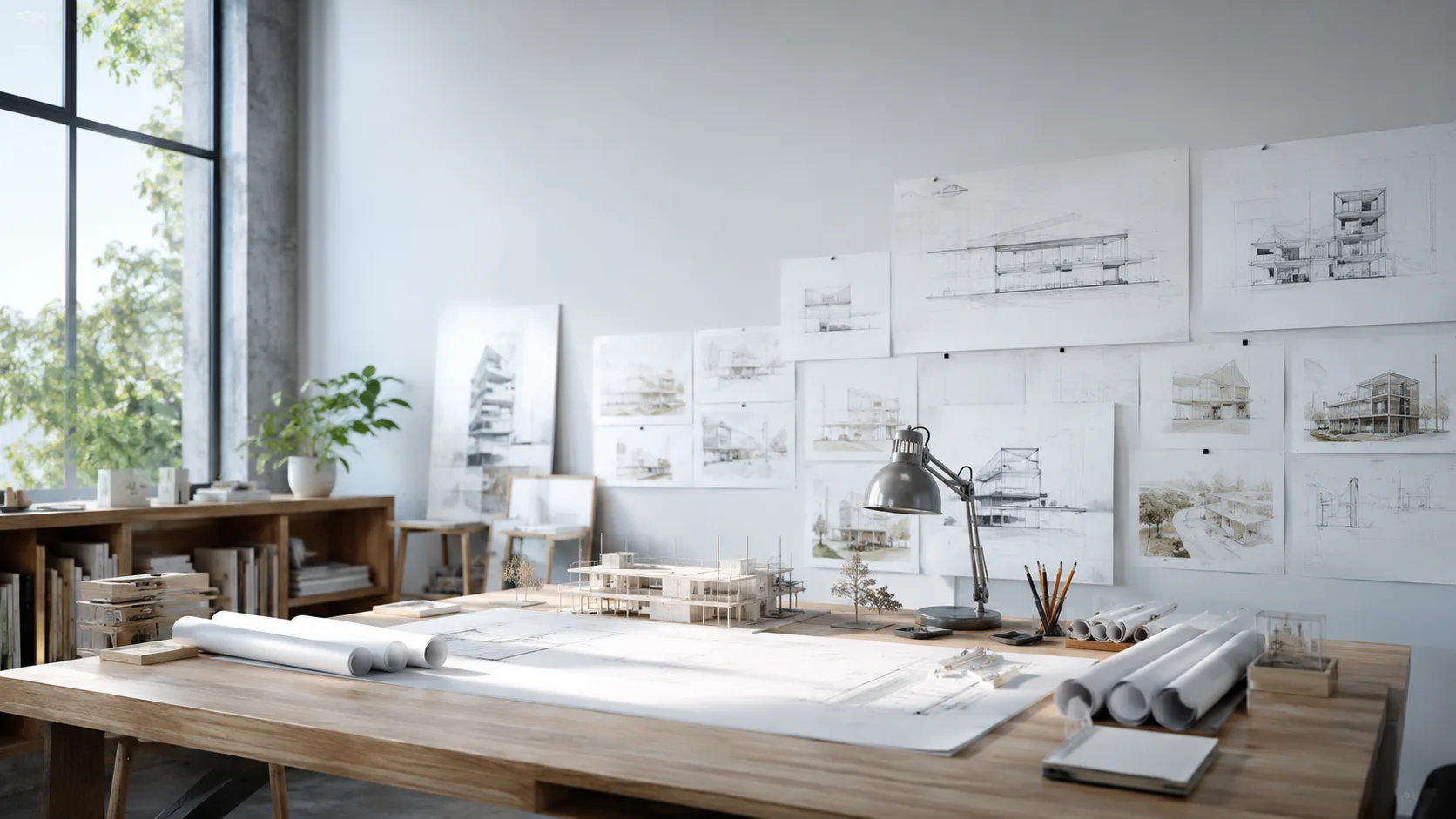 Editorial interior photograph of an architecture studio desk with drawings and a scale model