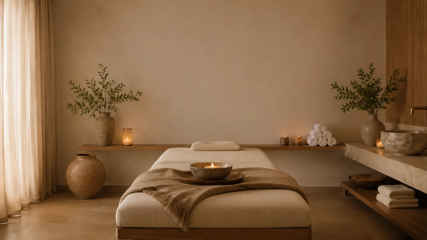 Editorial interior photograph of a serene spa treatment room with a daybed and folded towels