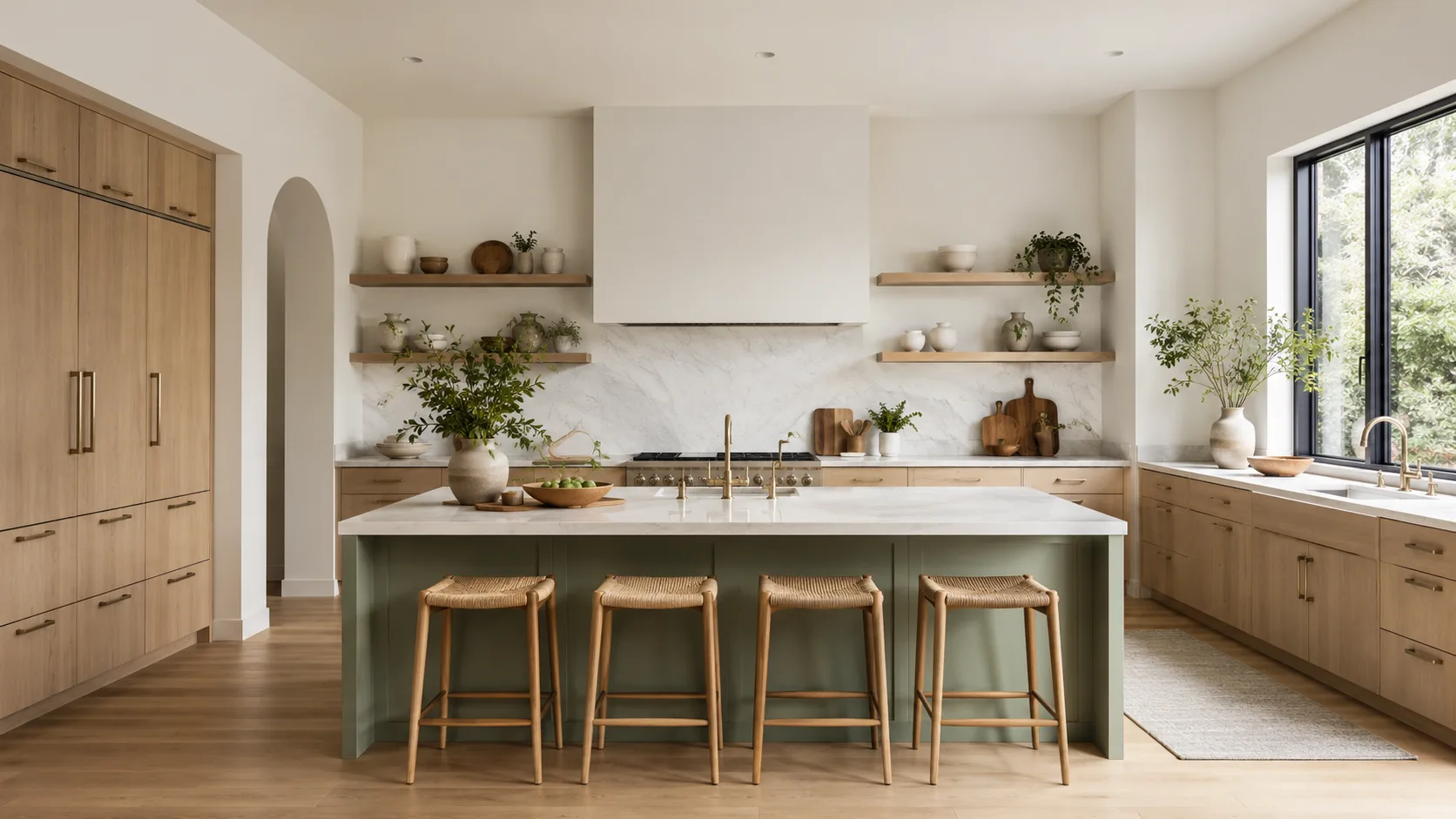 Editorial interior photograph of a modern kitchen with a clean island and open shelving
