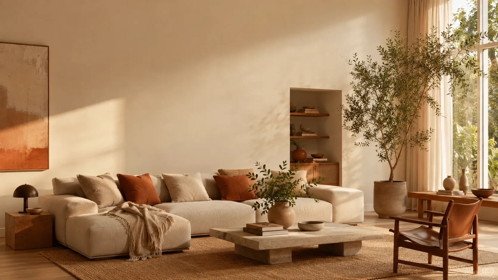Editorial interior photograph of a bright contemporary living room with a low sofa and plant