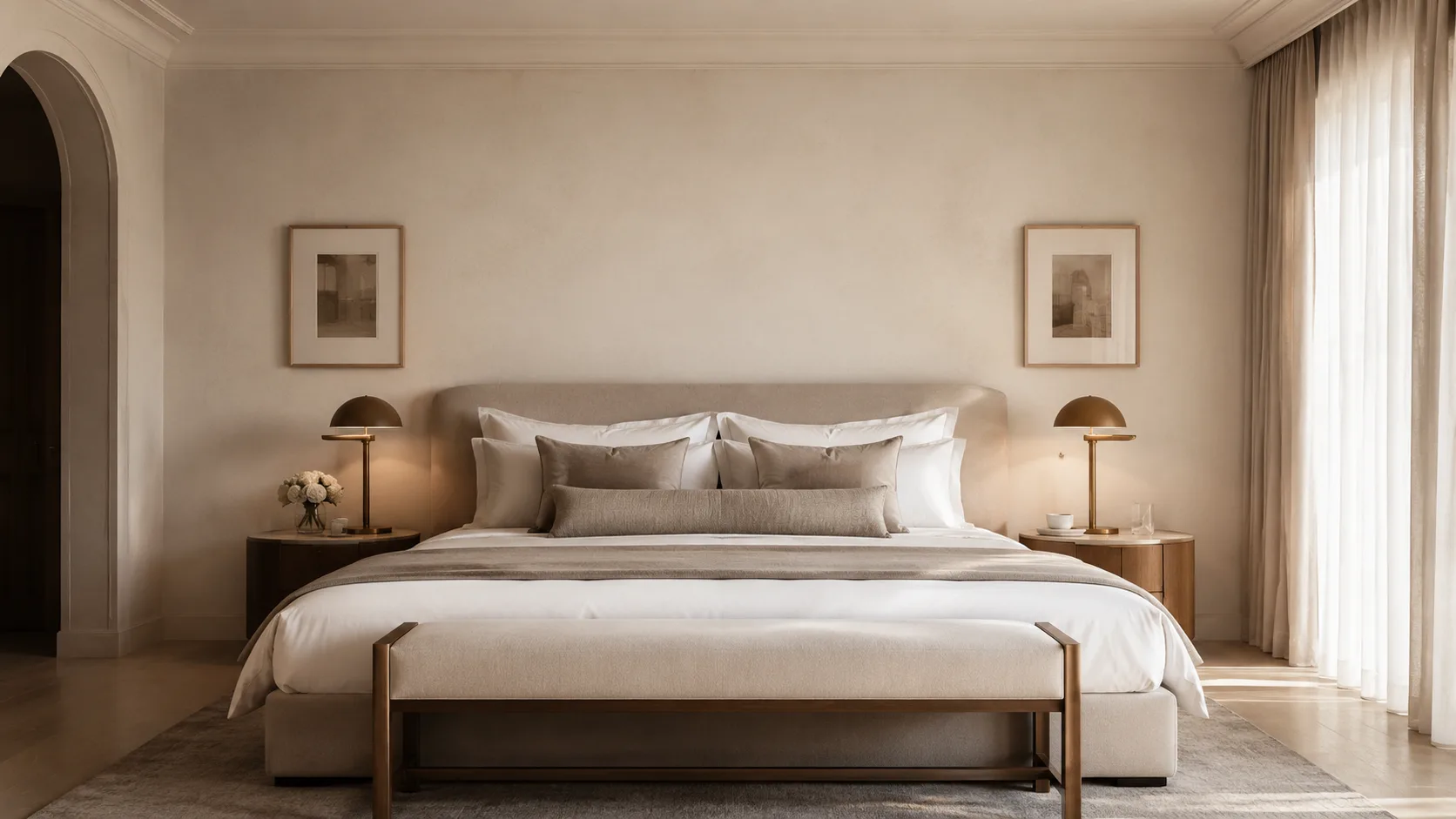 Editorial interior photograph of a calm boutique hotel room with a neatly made bed