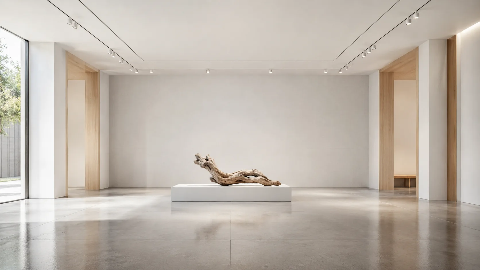 Editorial interior photograph of a minimalist showroom gallery with a sculptural object on a plinth
