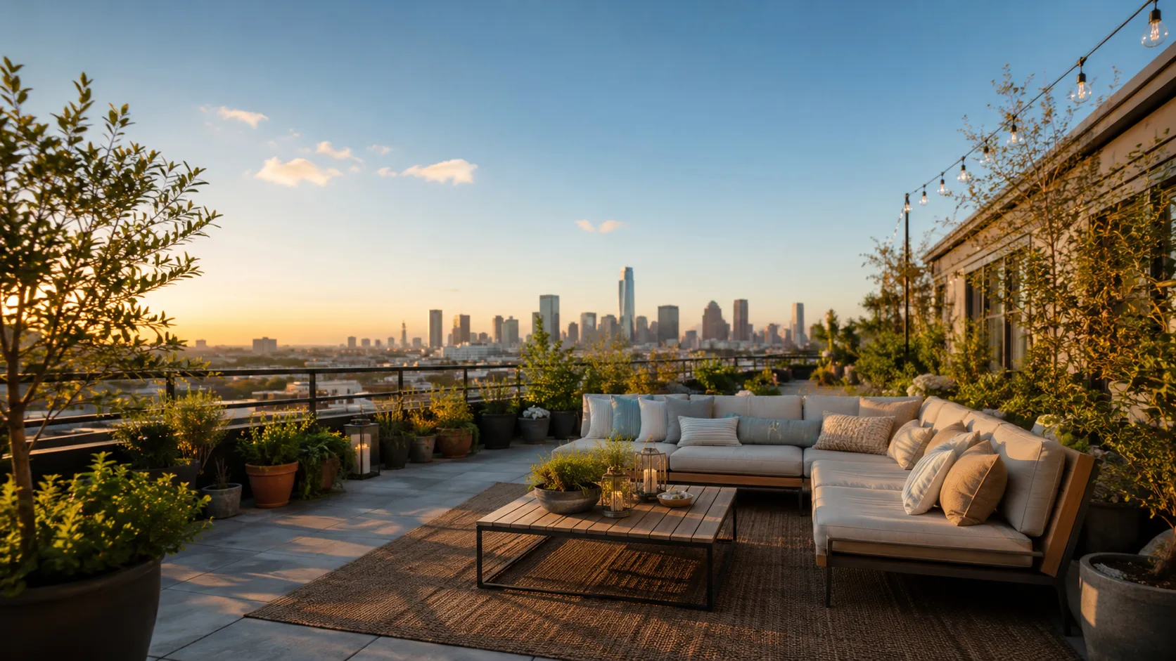 Editorial interior photograph of a rooftop terrace lounge with outdoor sofas and string lights