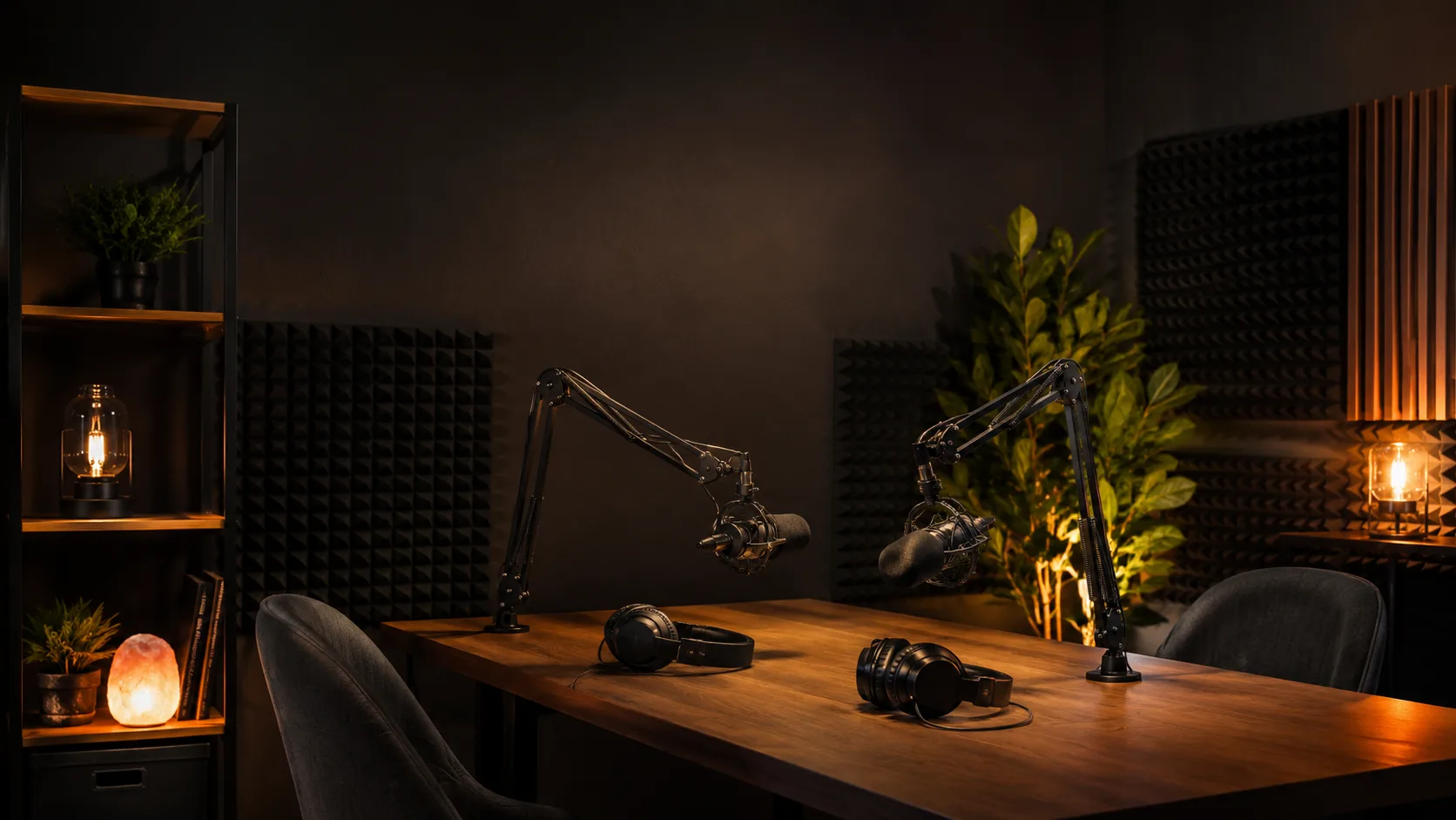 Editorial interior photograph of a cozy podcast studio with microphones and acoustic panels