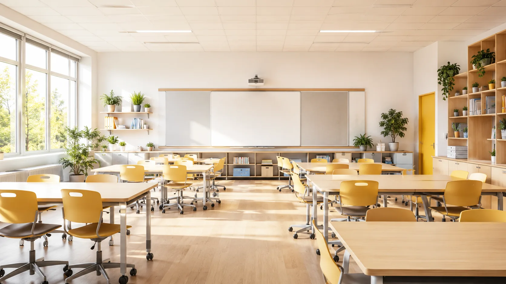 Editorial interior photograph of a bright modern classroom with wooden desks and a board wall
