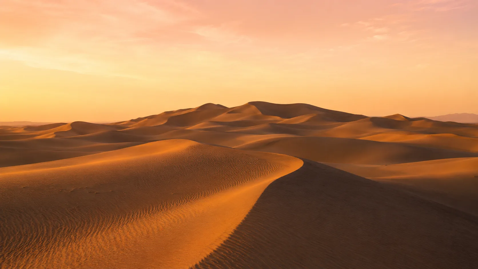 Editorial landscape photograph of rolling desert sand dunes with soft curving shadows