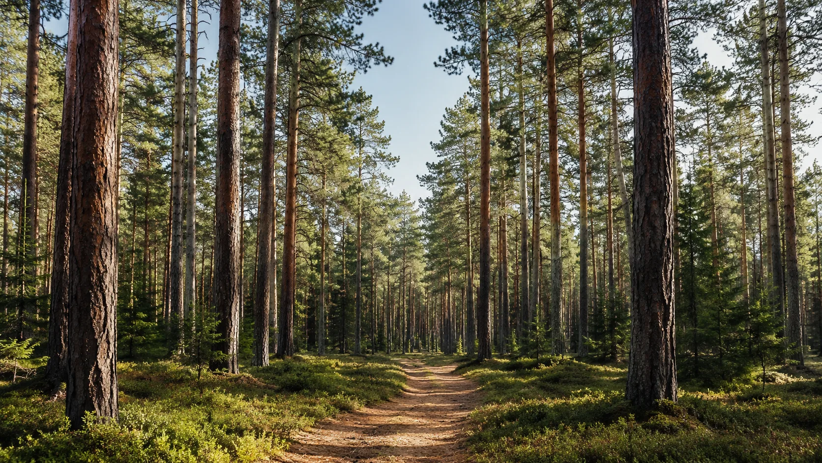 Editorial landscape photograph of a quiet path through a tall pine forest