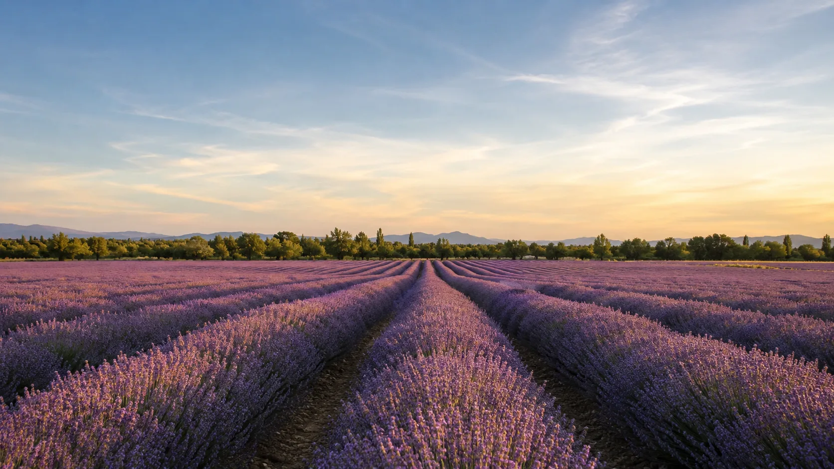 Campo de lavanda en flor bajo una luz suave de tarde