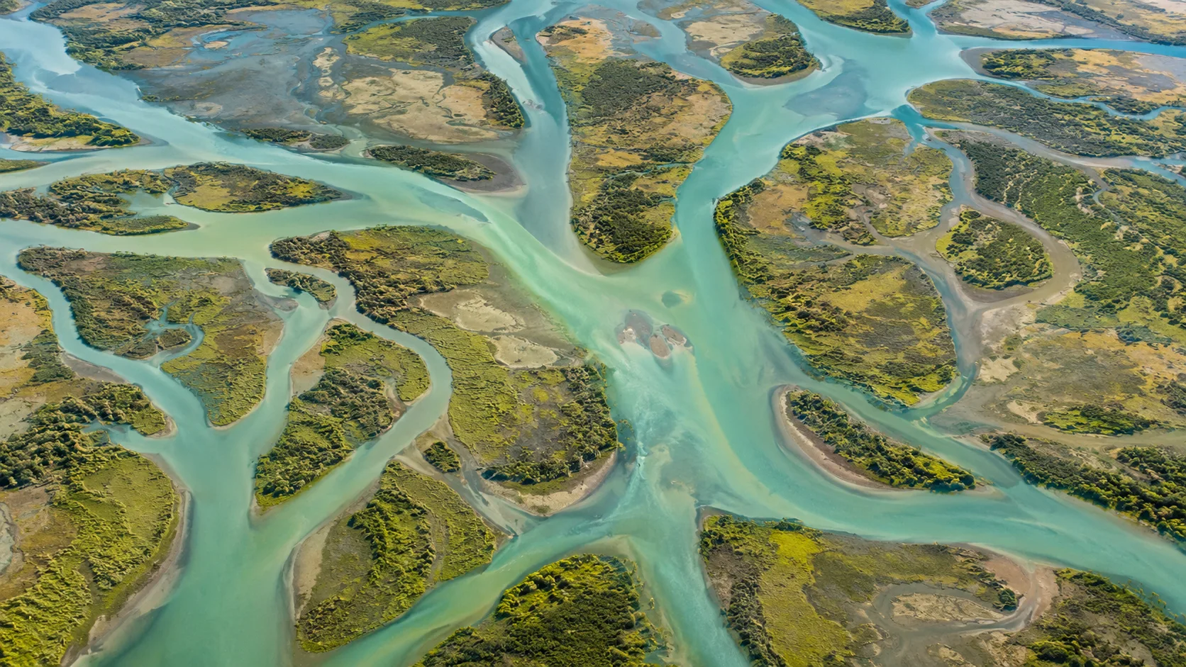 Editorial aerial photograph of a branching river delta threading through green and earth tones