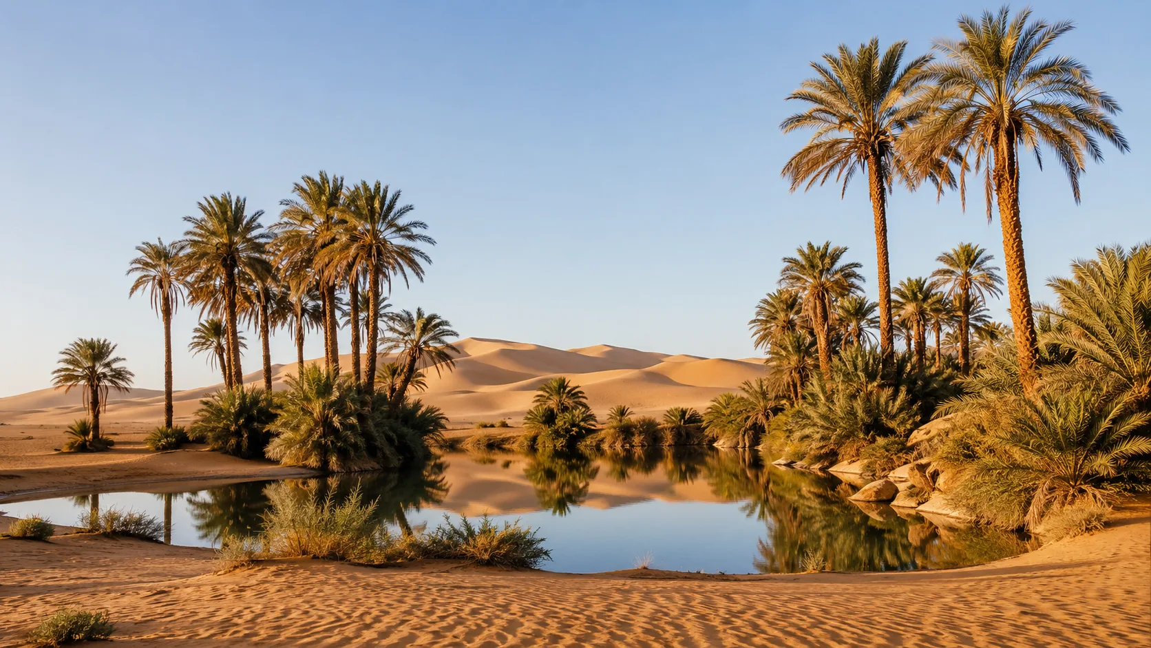 Editorial landscape photograph of a desert palm grove oasis around still water