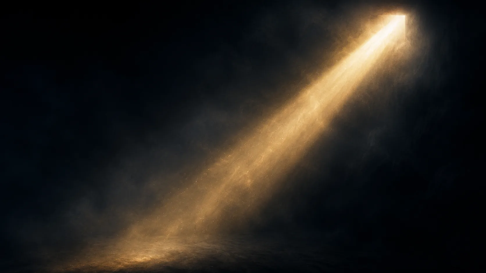 Dramatic warm light beam cutting diagonally through volumetric fog