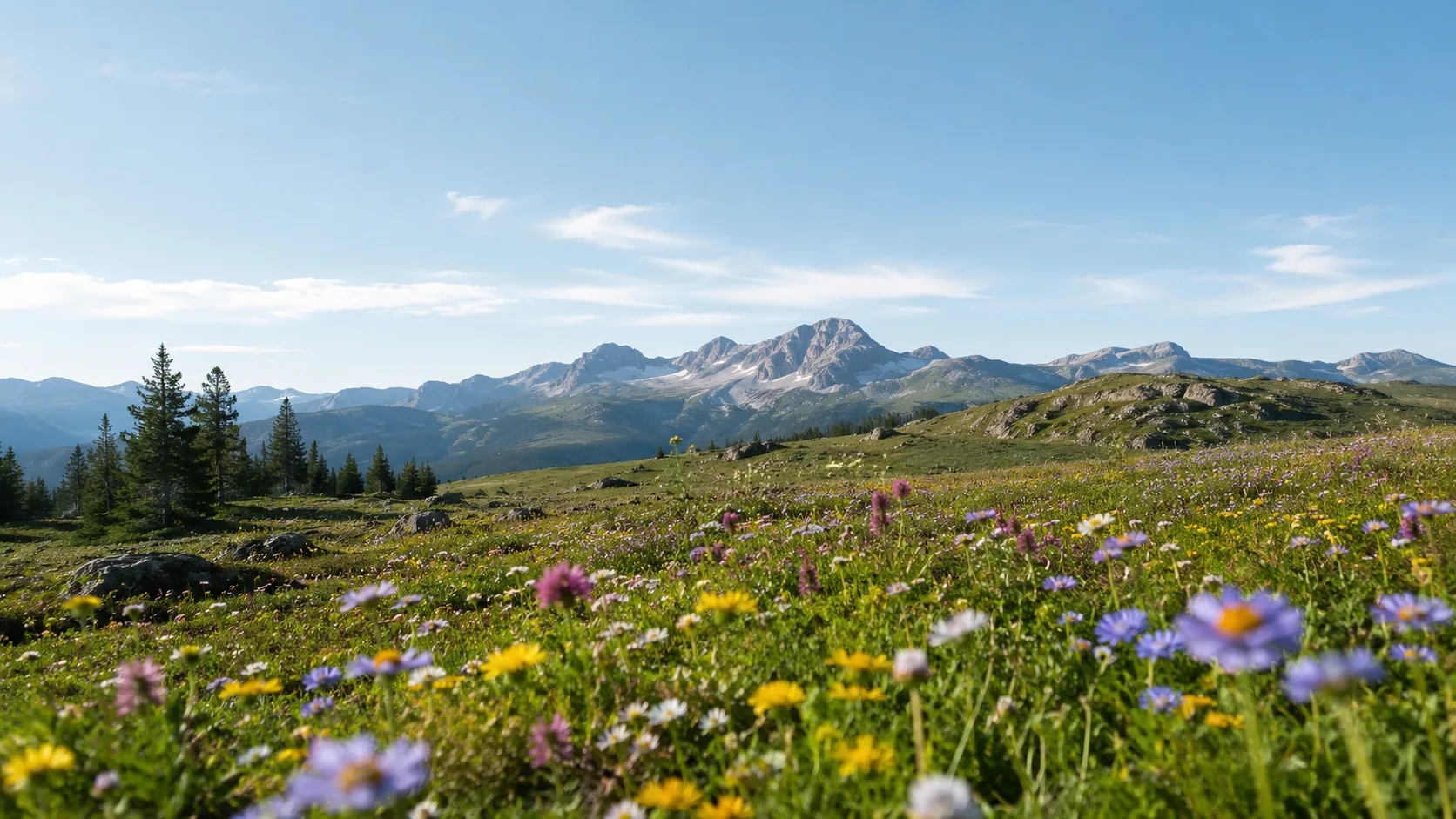 Editorial landscape photograph of an alpine wildflower meadow with mountains behind
