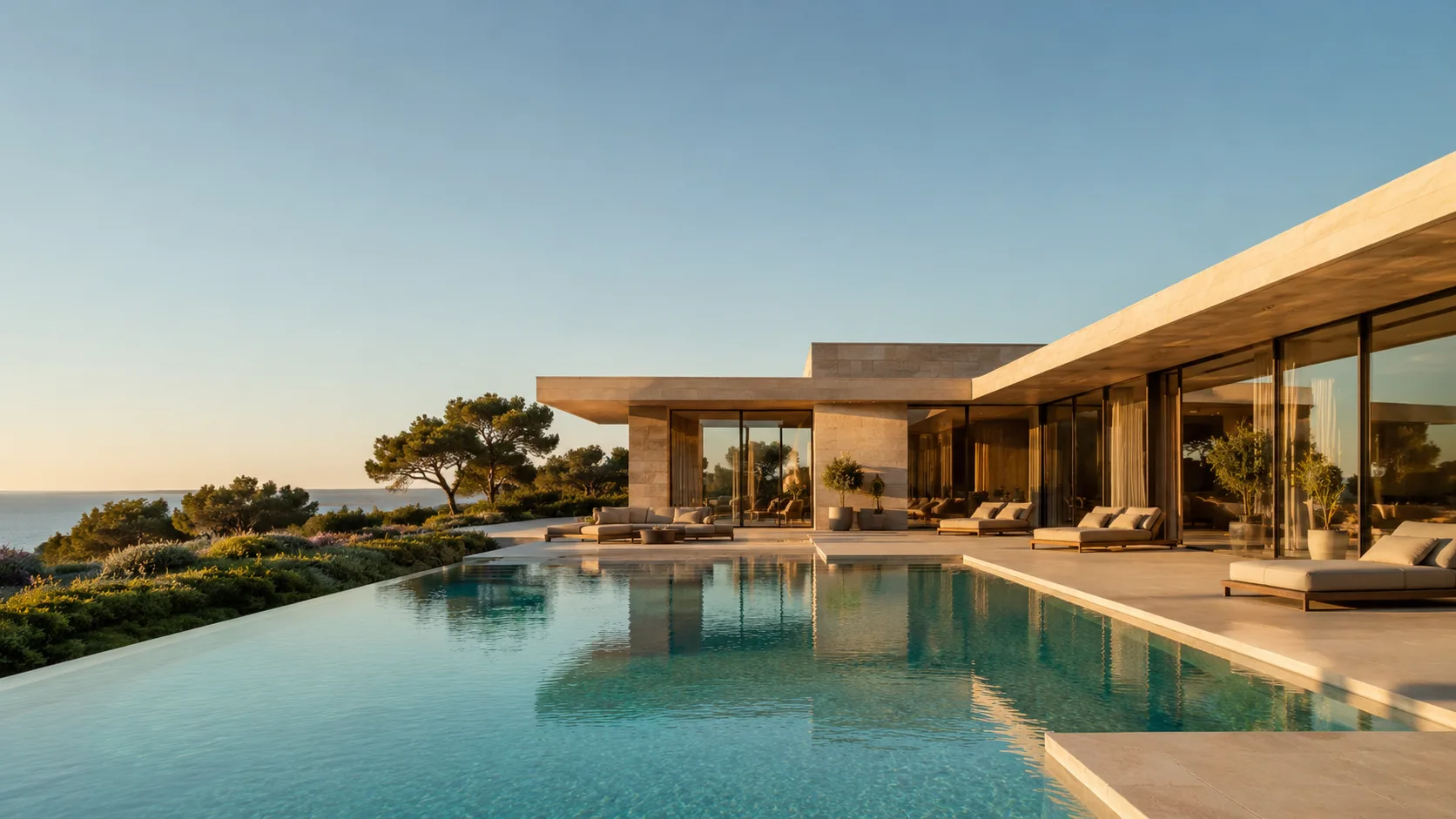 Editorial architecture photograph of a modern villa with glass walls and a turquoise pool