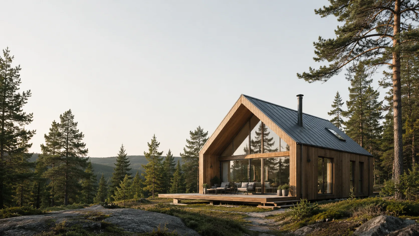 Editorial architecture photograph of a Scandinavian timber cabin set among trees