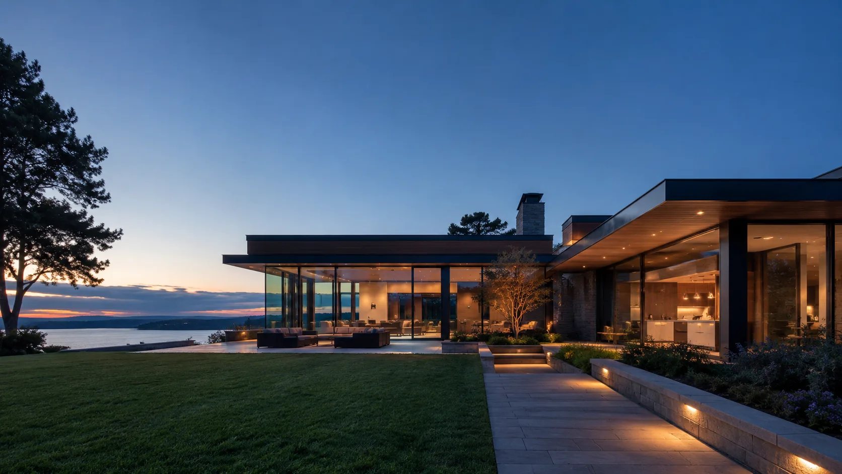 Editorial architecture photograph of a glass-walled modern home glowing warm at dusk
