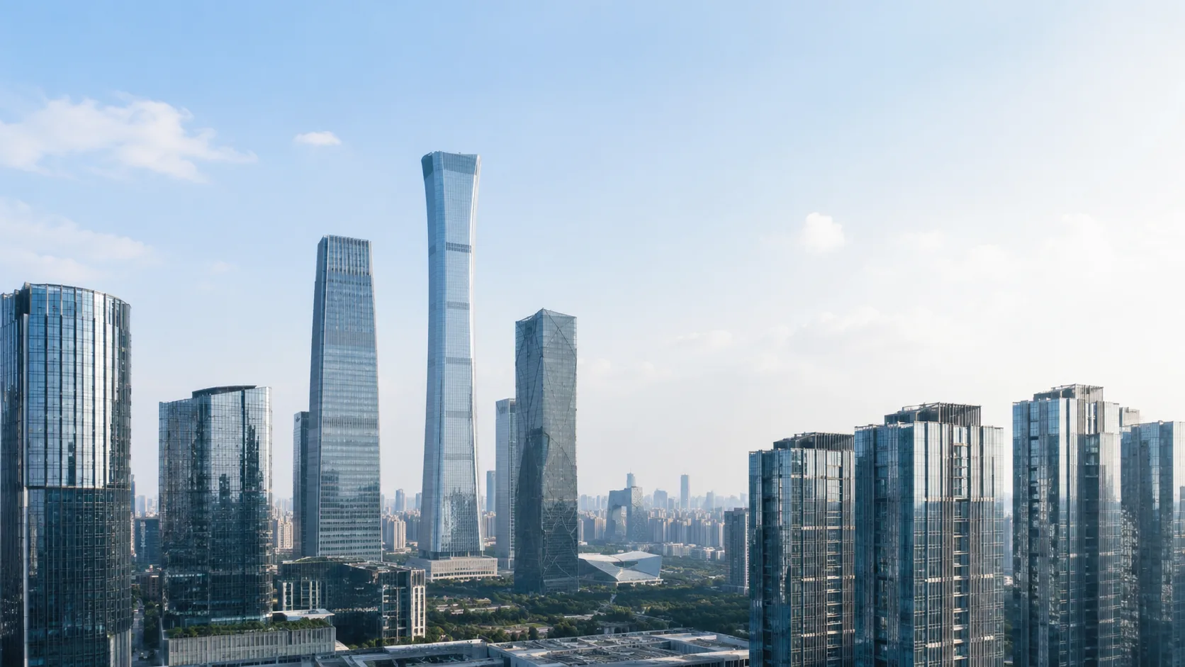 Editorial architecture photograph of an urban high-rise skyline of modern glass towers