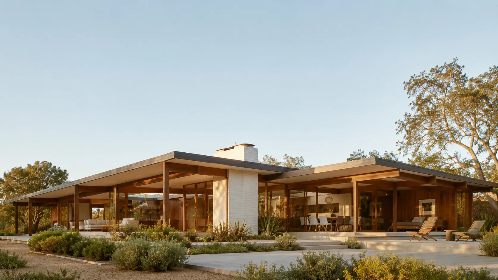 Editorial architecture photograph of a mid-century modern house with warm wood and glass