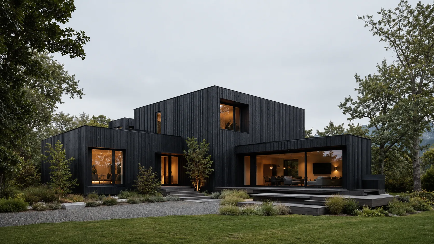 Editorial architecture photograph of a black timber modern house framed by greenery