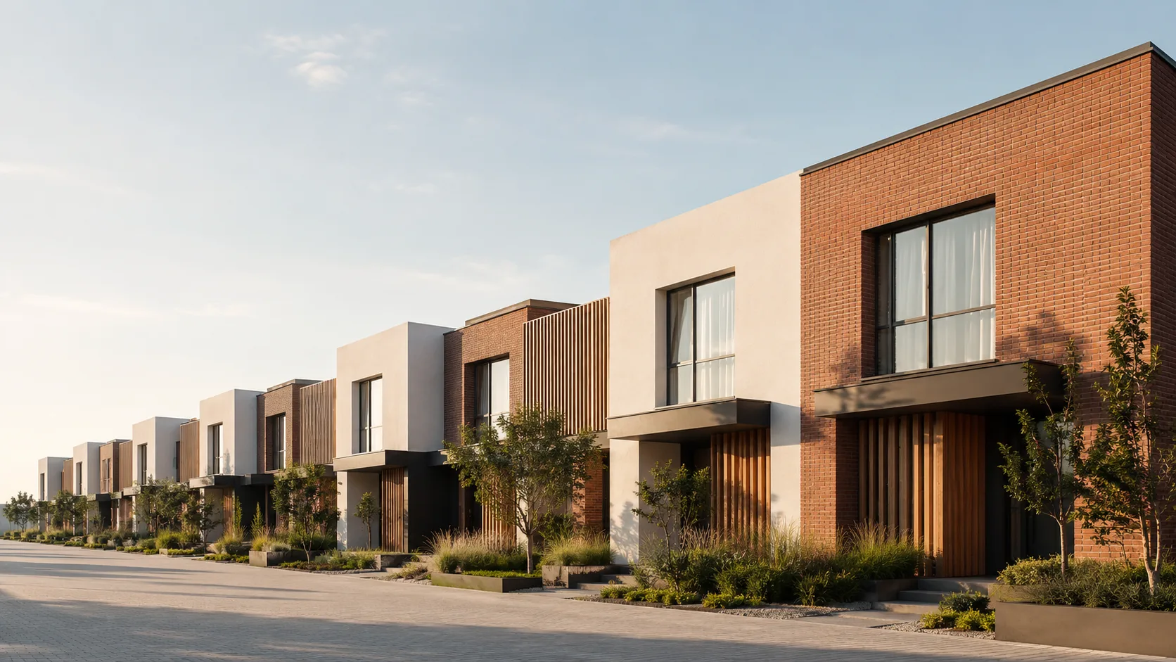 Editorial architecture photograph of a row of modern townhouses with warm varied facades