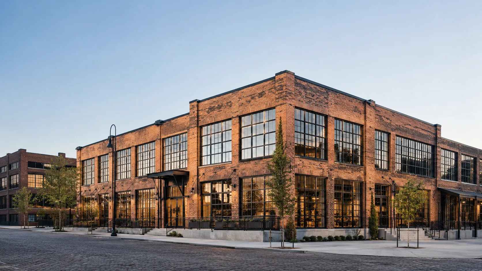 Editorial architecture photograph of a converted industrial loft building with exposed brick