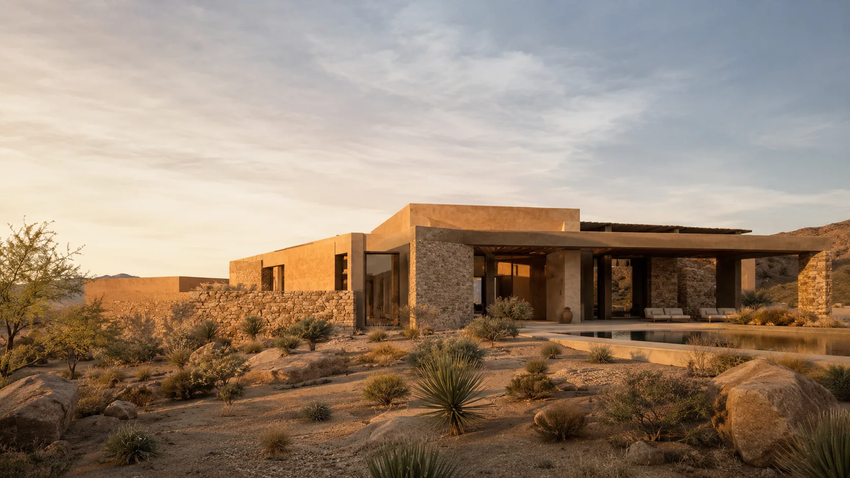 Editorial architecture photograph of a desert modern house in earth tones blending into sand