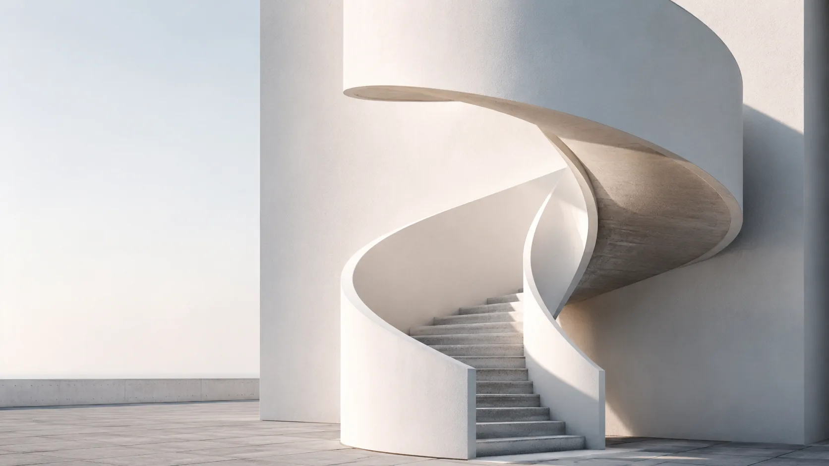 Editorial architecture photograph of a sculptural exterior spiral staircase against a clean facade