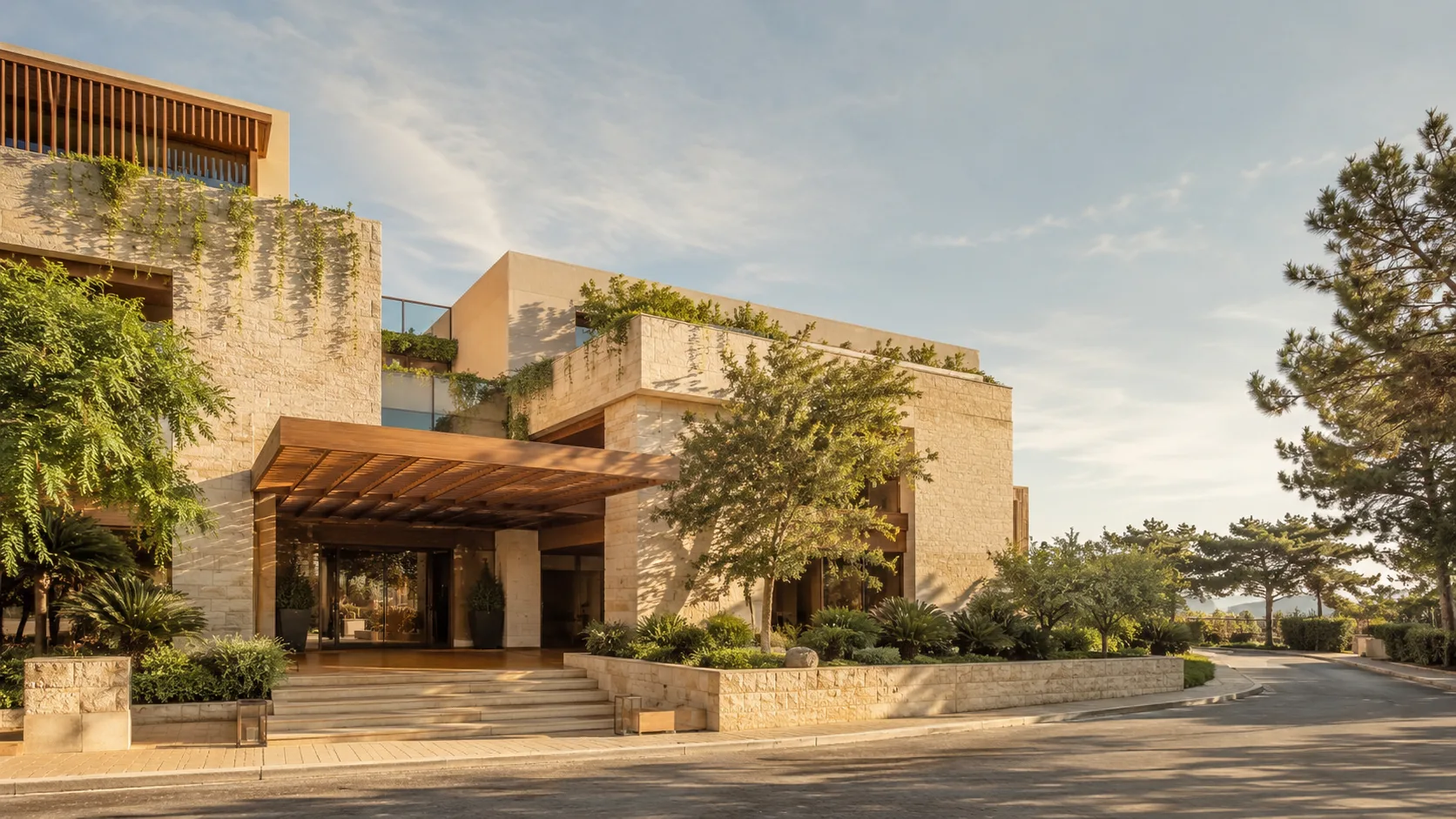 Editorial architecture photograph of a modern boutique hotel facade with a refined entrance