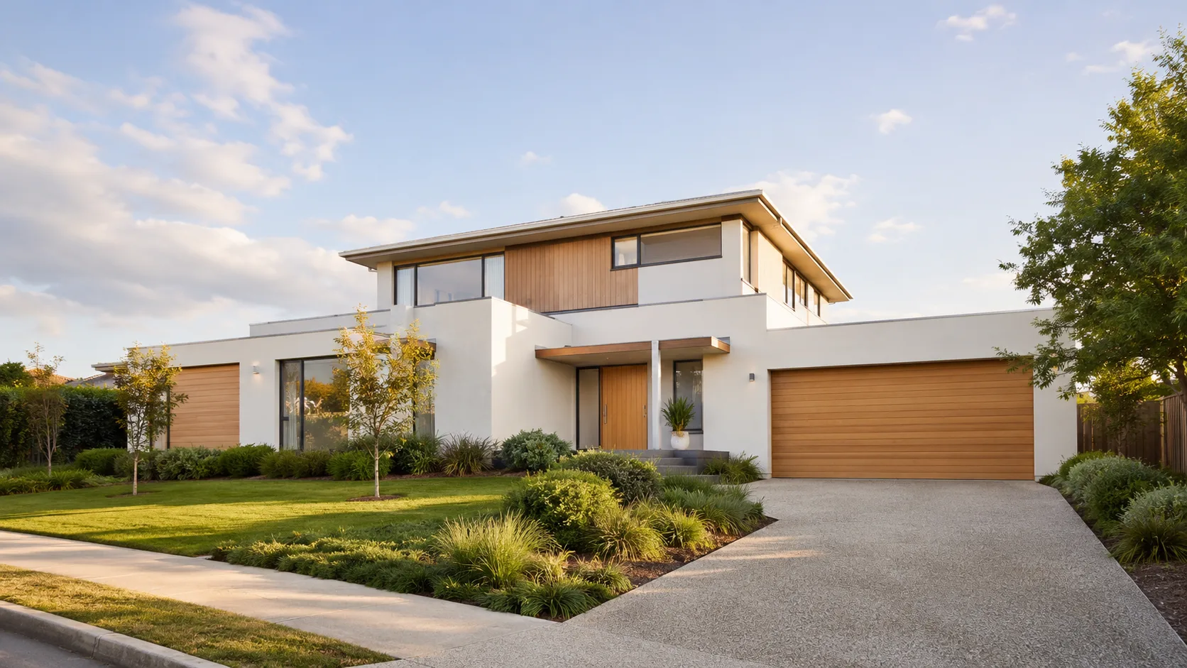 Editorial architecture photograph of a suburban modern family home with a tidy front garden