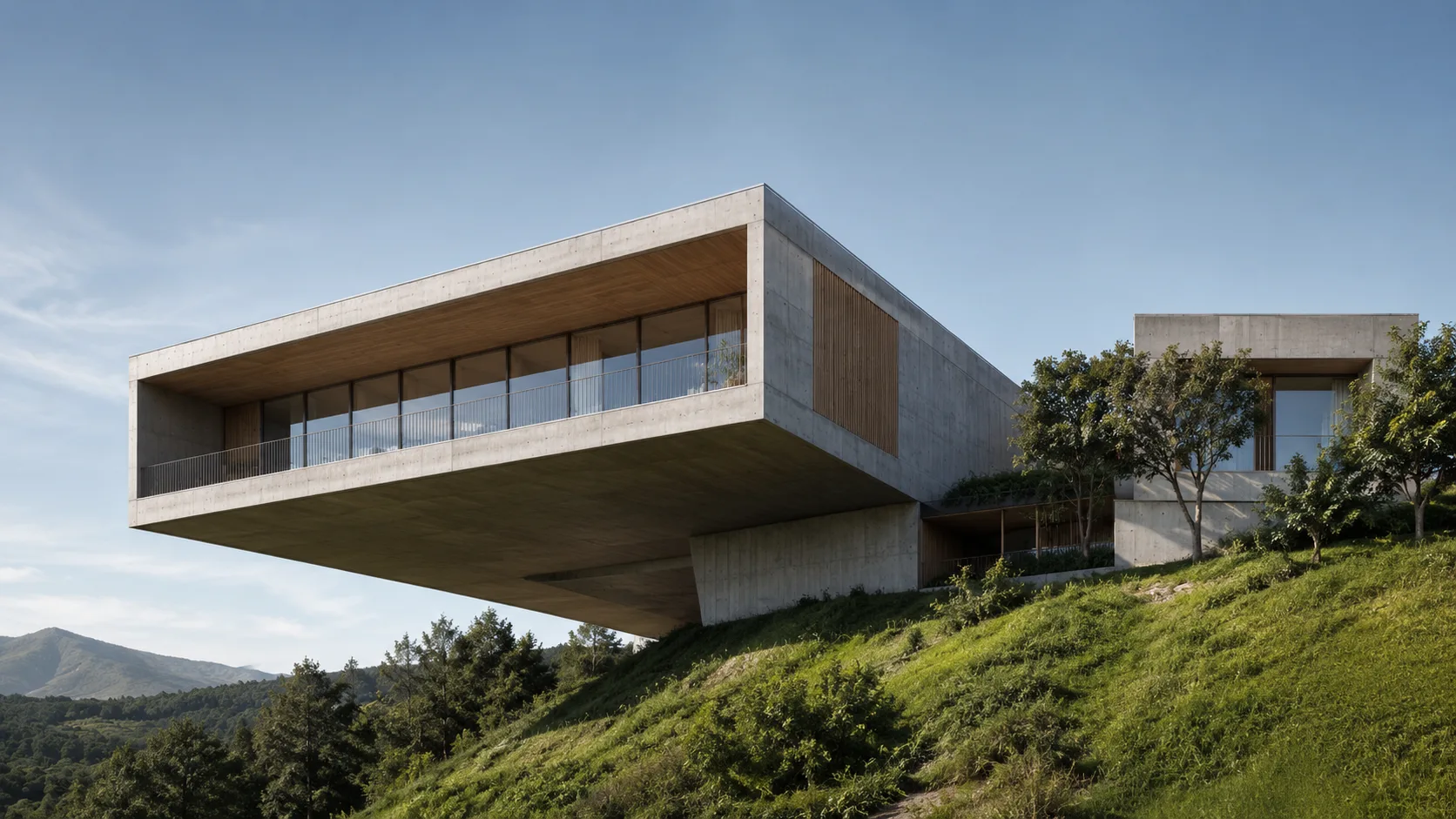 Editorial architecture photograph of a modern cantilever house projecting over a sloped landscape