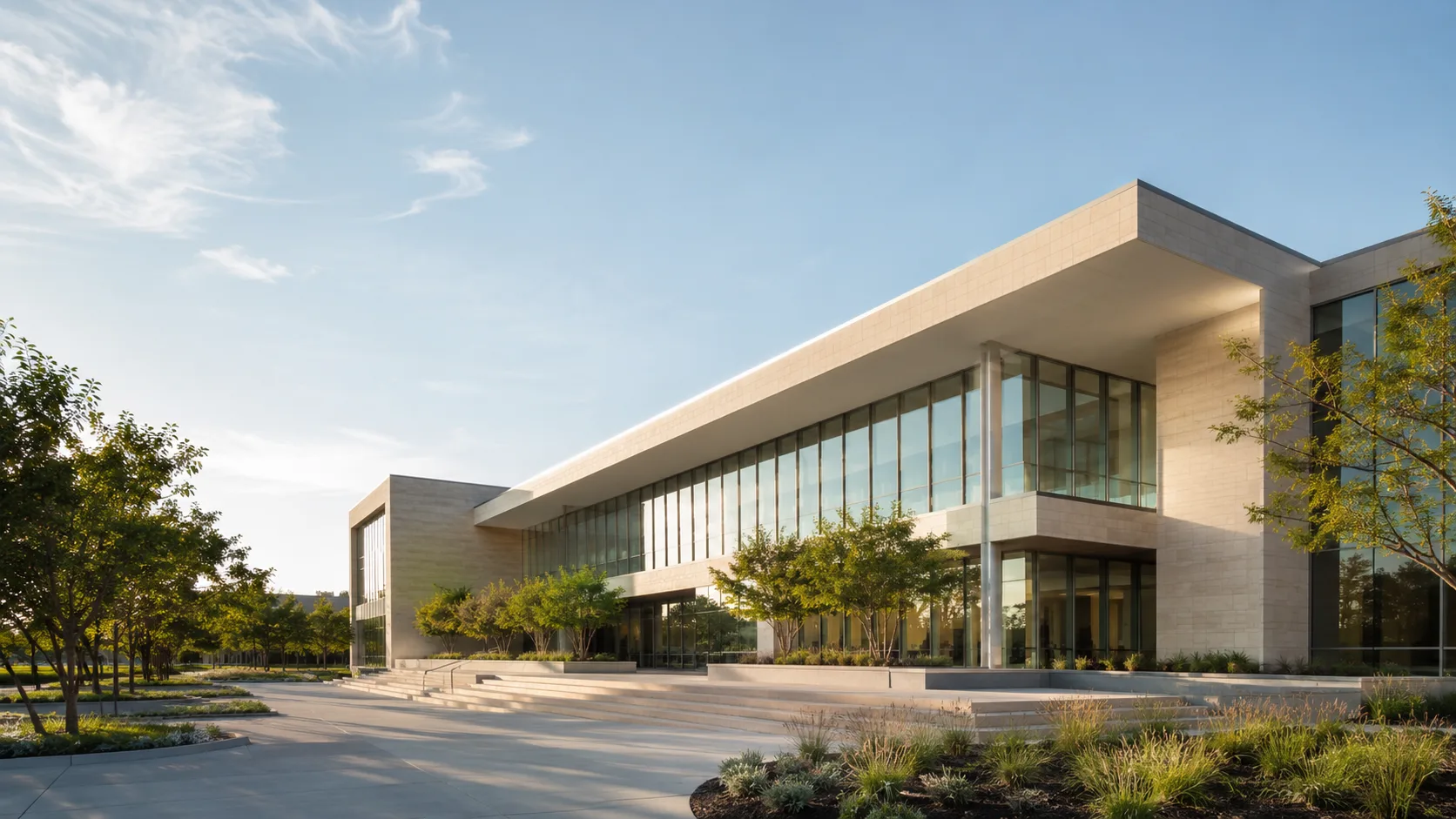 Editorial architecture photograph of a modern campus building with rhythmic glazing