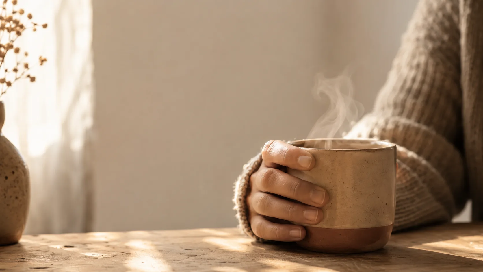 Editorial lifestyle photograph of a hand wrapped around a warm ceramic mug with soft steam