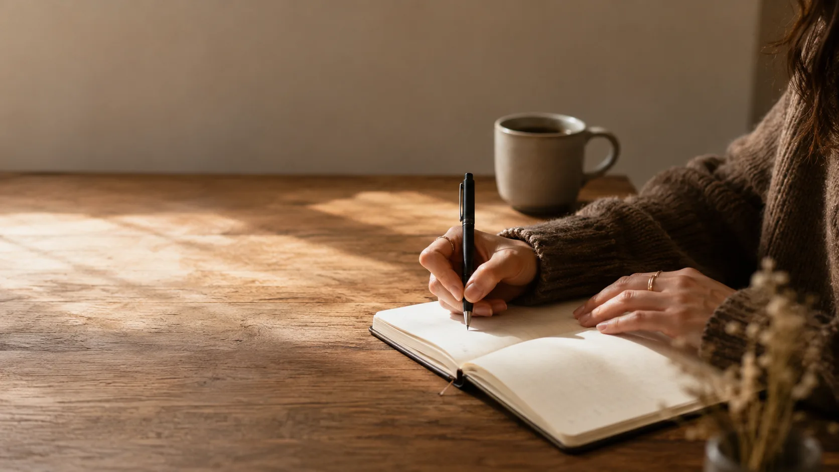 Editorial lifestyle photograph of hands writing in an open notebook with a fine pen
