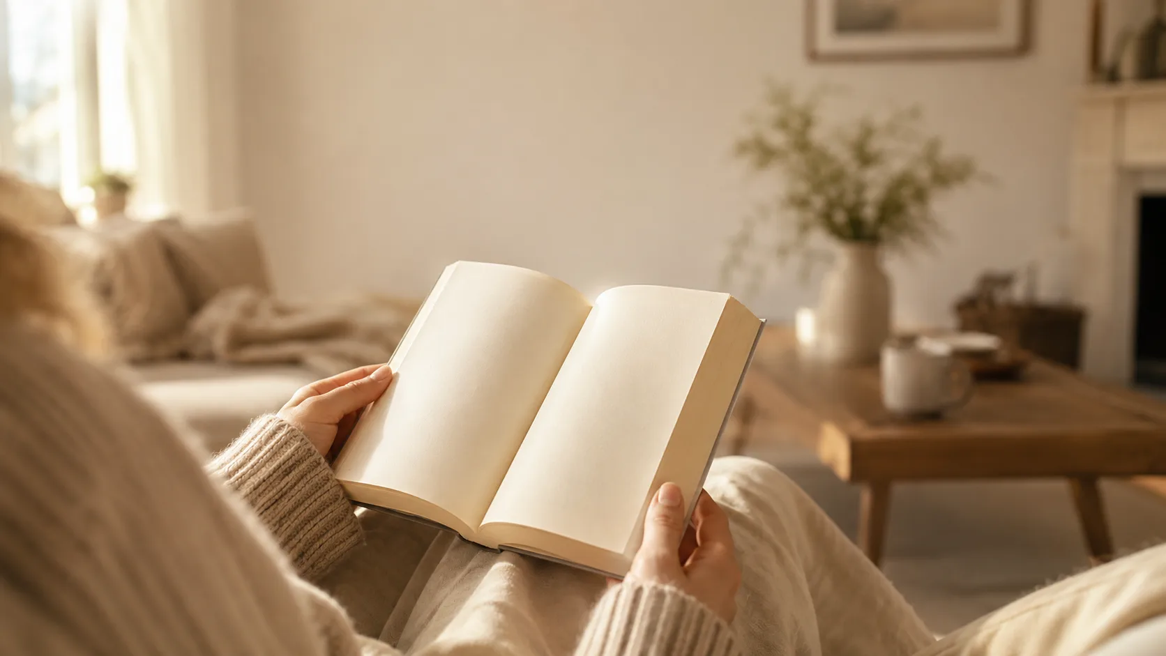 Editorial lifestyle photograph of hands holding an open paperback book in a warm interior