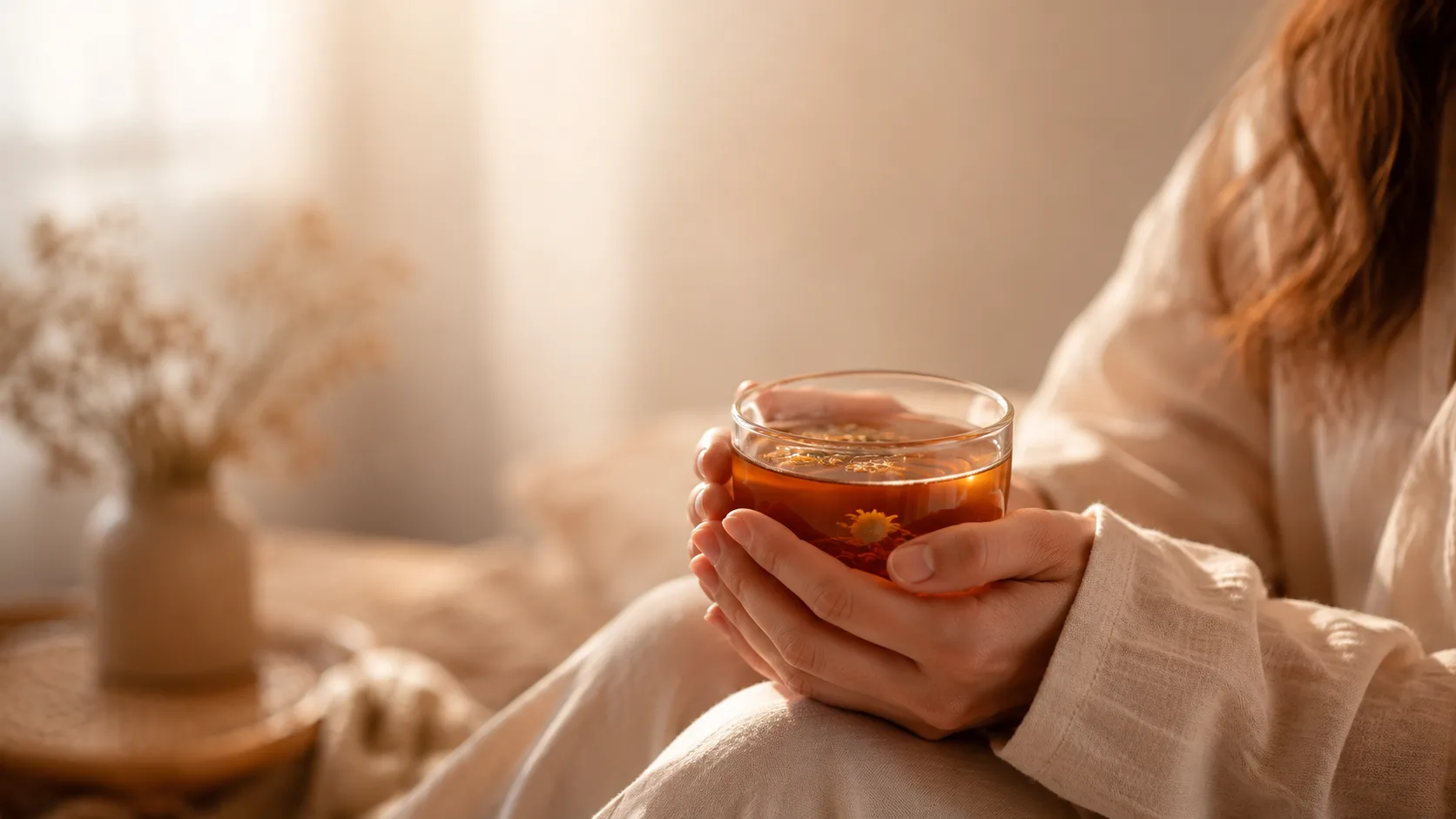 Editorial lifestyle photograph of both hands cradling a glass cup of herbal tea