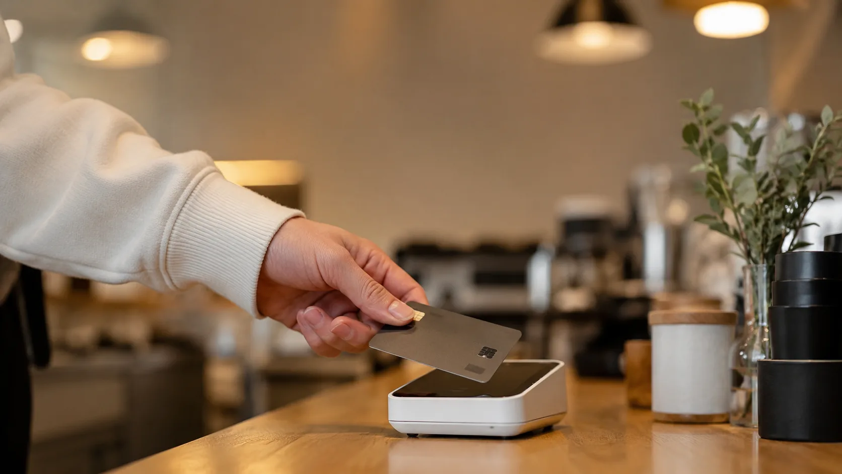 Editorial lifestyle photograph of a hand tapping a credit card on a modern payment terminal