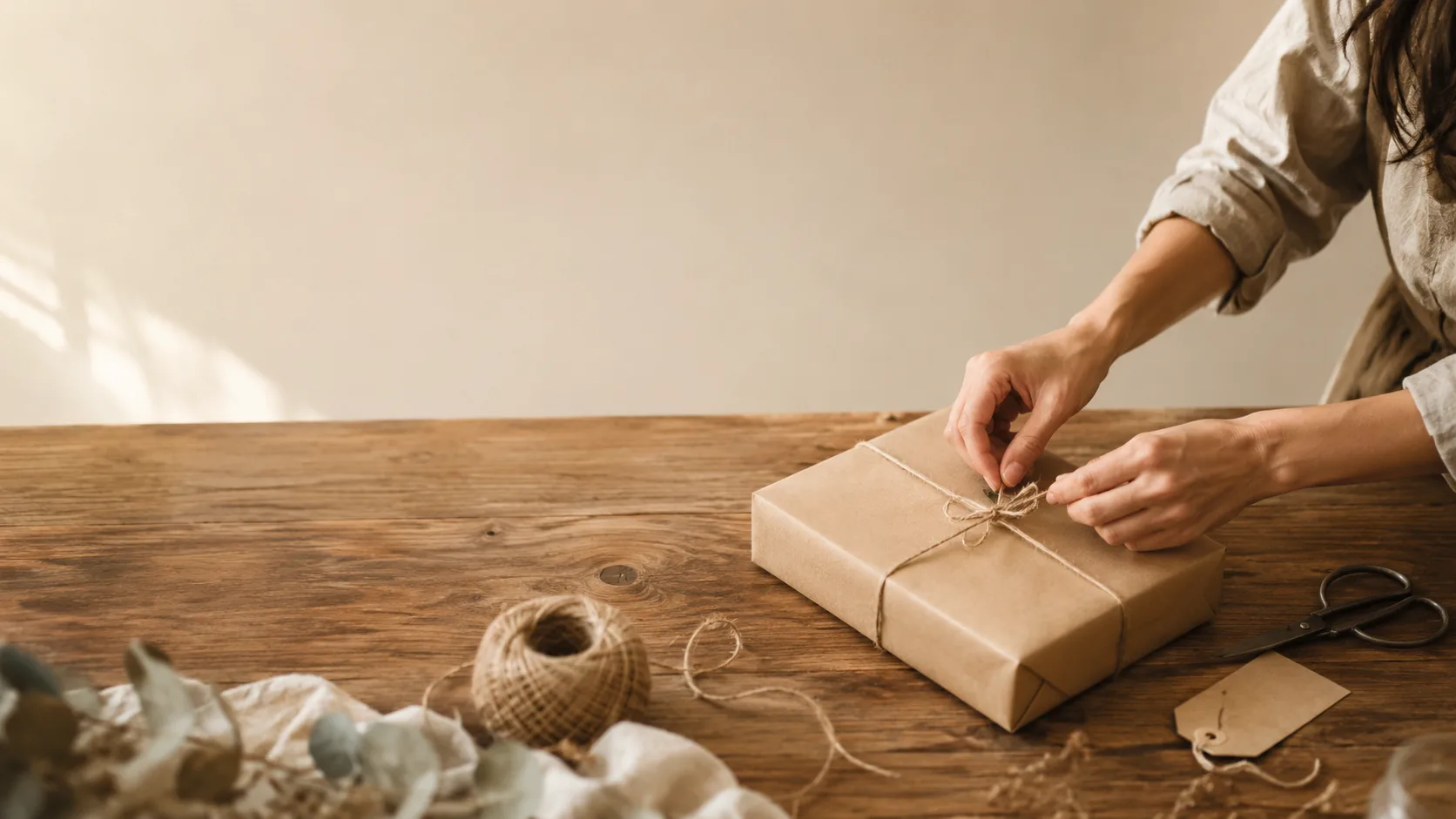 Editorial lifestyle photograph of hands tying twine around a kraft-paper parcel