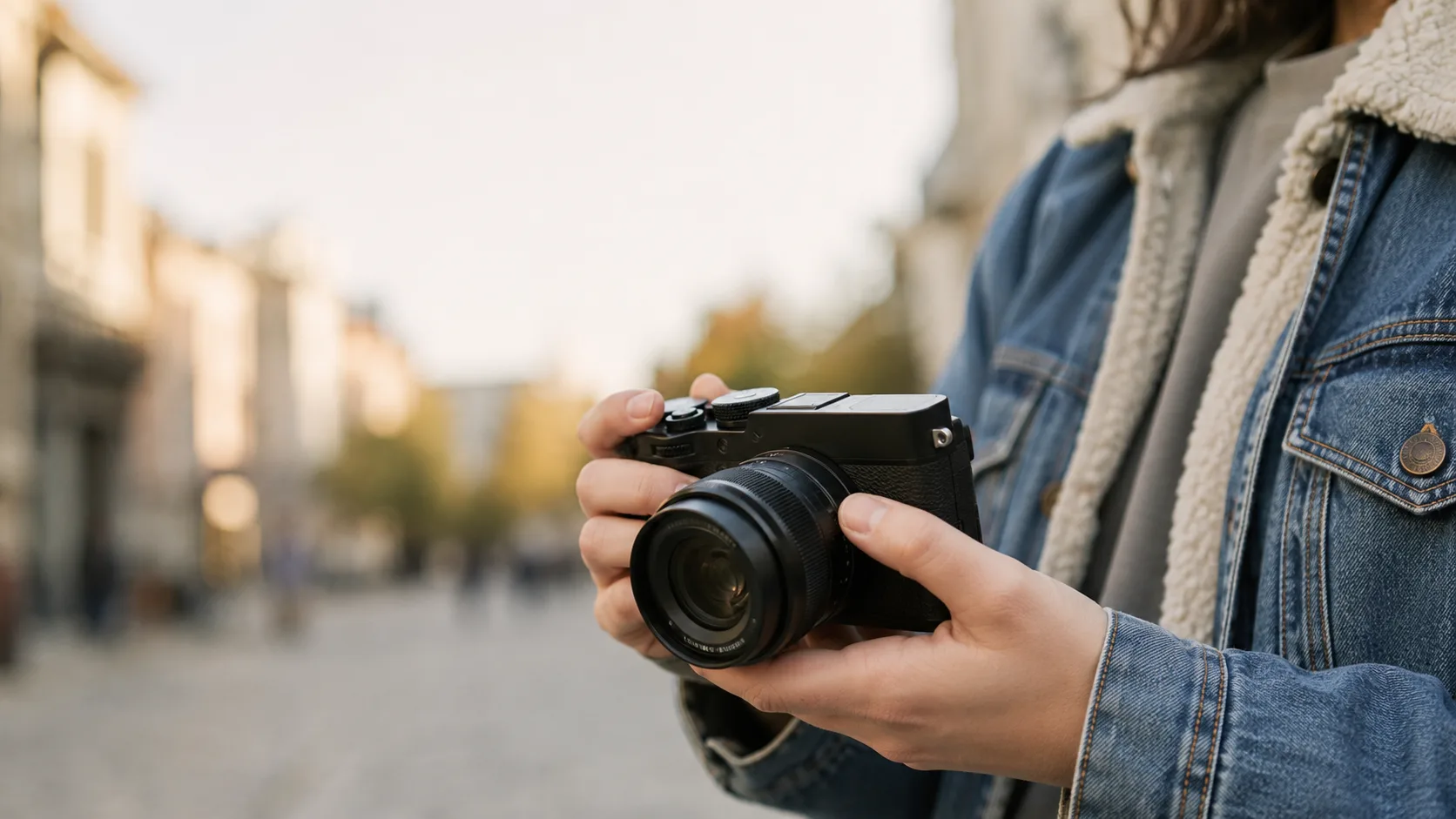 Editorial lifestyle photograph of hands holding a small mirrorless camera at chest height