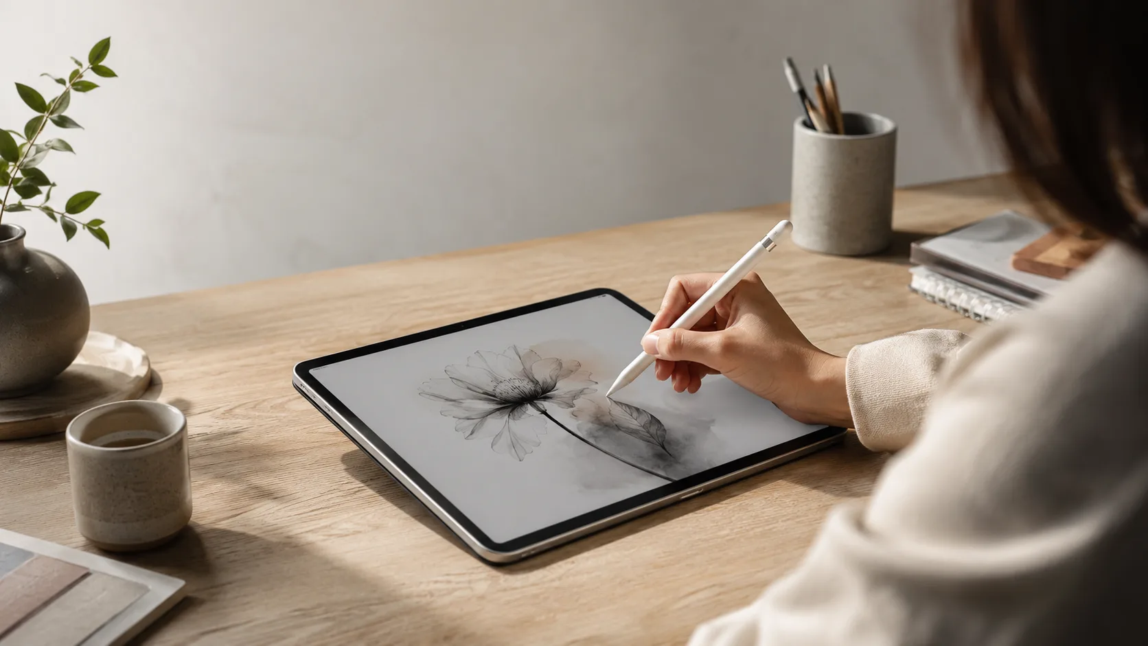 Editorial lifestyle photograph of a hand drawing on a digital tablet with a stylus