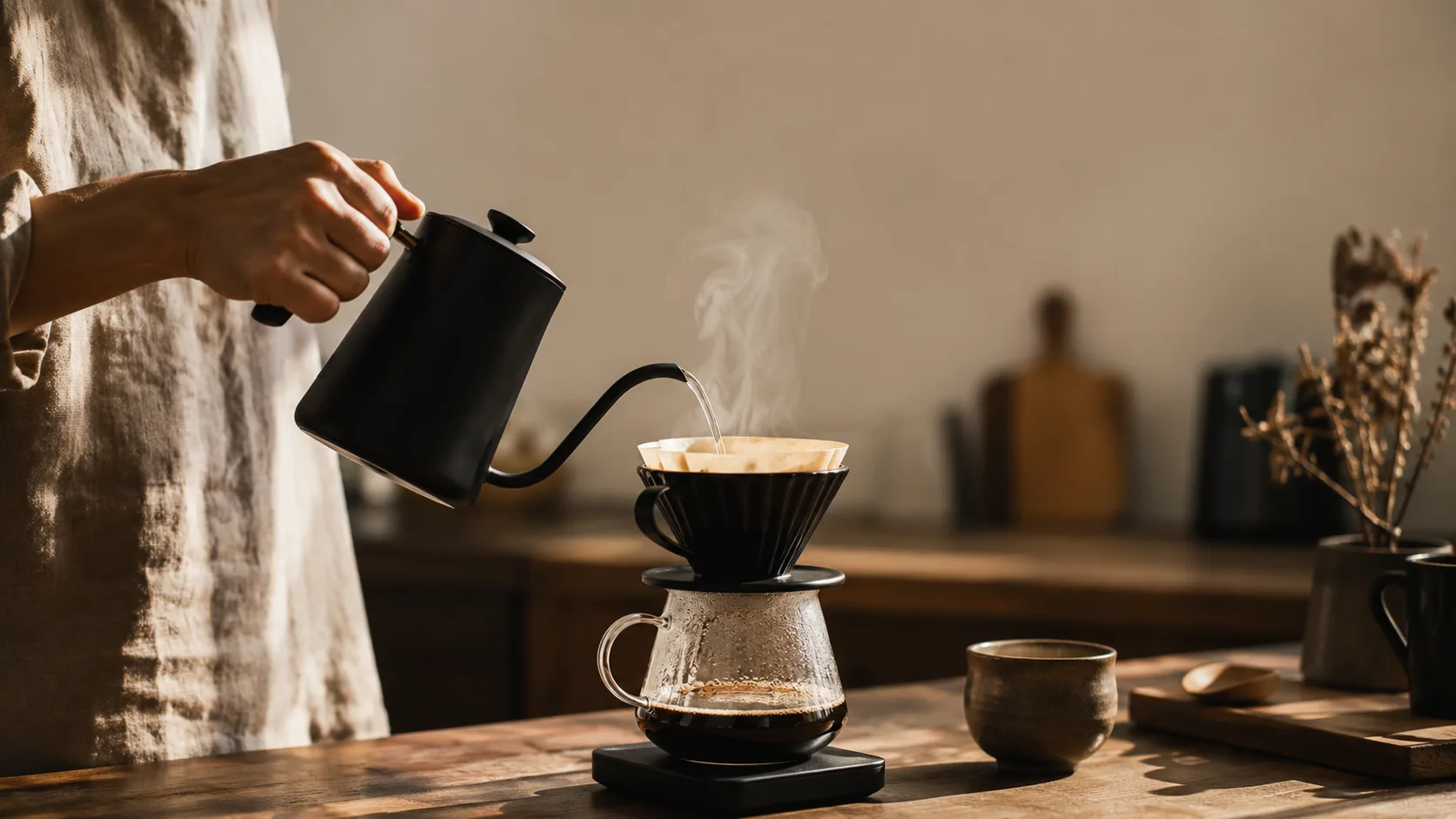 Editorial lifestyle photograph of a hand pouring water from a gooseneck kettle into a pour-over
